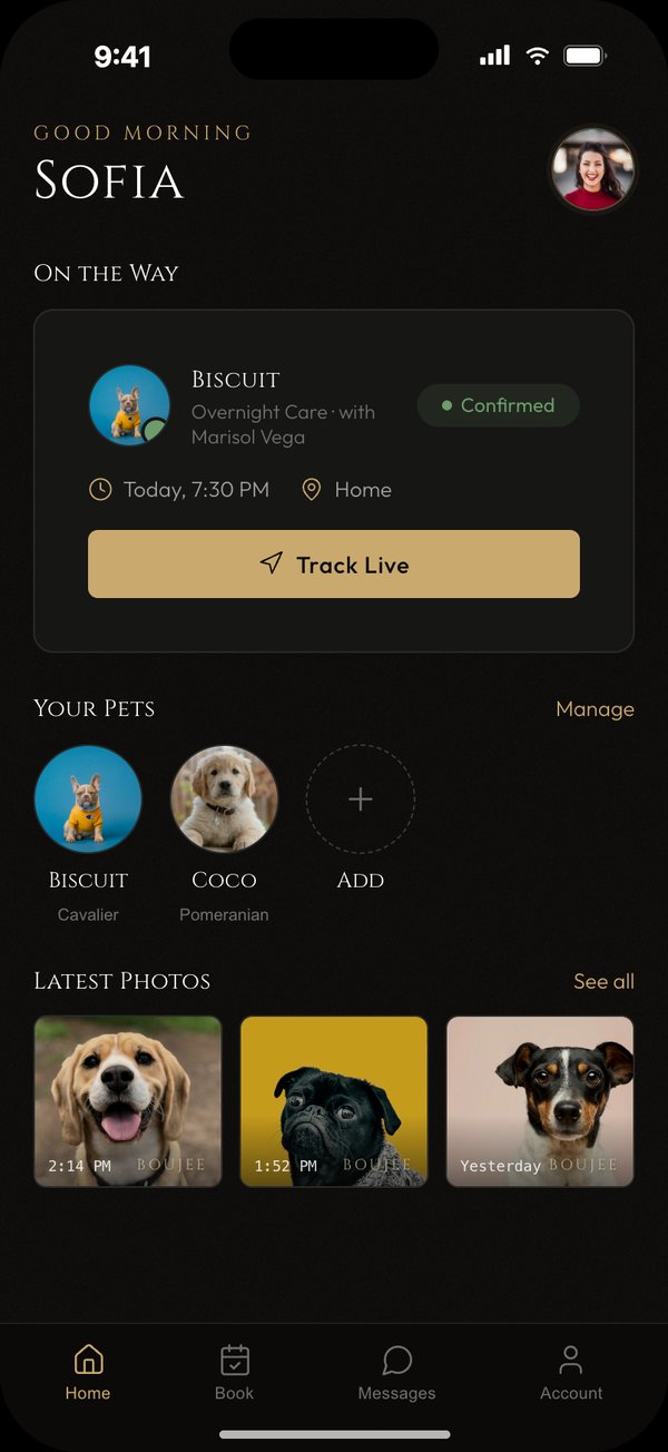 Boujee Pet Care app home screen